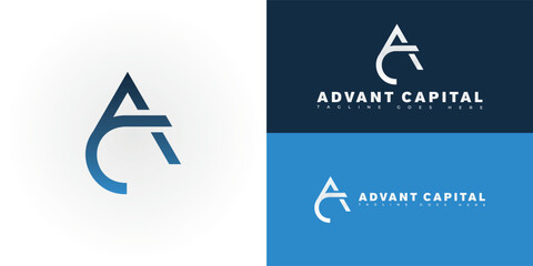Modern initial vector letter AC or CA logo in blue color isolated on multiple background colors. The logo is suitable for commercial real estate investment company logo design inspiration templates.