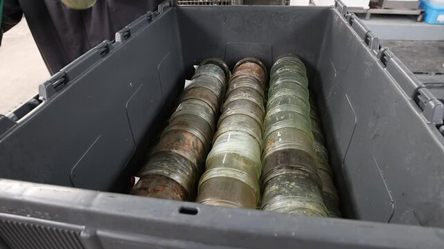 Une main avec un gant retire des pots de yaourts en verre d'un bac en plastique.