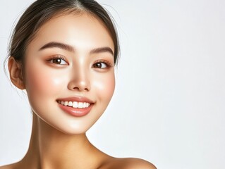 Fototapeta premium A beautiful young Asian woman with perfect, clean and fresh skin is smiling confidently and beautifully on white background