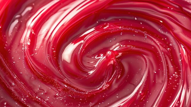 A vibrant swirl of red jam on a wooden surface showcasing its rich, glossy texture and inviting color, perfect for desserts or breakfast spreads in a rustic kitchen