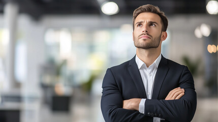 Fototapeta premium Thoughtful mature businessman looking out the window in modern office.