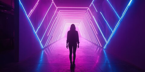 a woman walking through a tunnel of neon lights