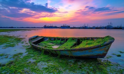 Obraz premium A weathered wooden boat covered in seaweed sits on a sandy beach at sunset with other boats visible in the distance.