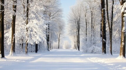 Snow-covered trees in a peaceful forest setting, with a clear sky providing space for custom messages.