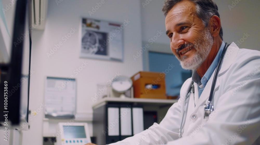 Poster a man in a white lab coat is smiling at the camera