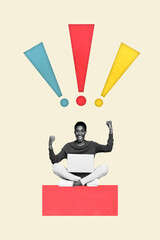Vertical composite artwork collage image picture of person use laptop raise fists exclamation mark isolated on creative background