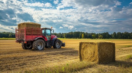 Obraz premium Tractor Harvesting Hay in a Field