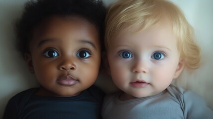  twin toddlers who look very similar, except one is black and one is blonde 