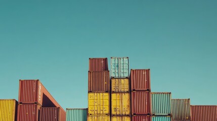 Fototapeta premium Stacked containers against a clear blue sky, perfect for showcasing logistics and shipping services.