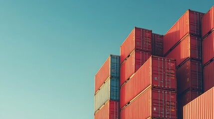 Fototapeta premium Stacked containers against a clear blue sky, perfect for showcasing logistics and shipping services.