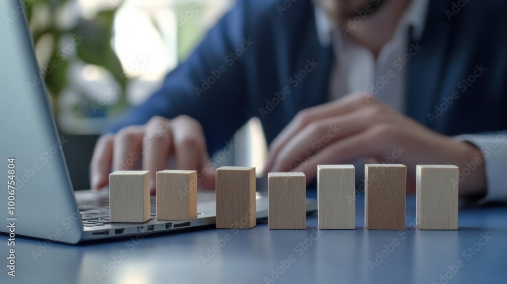 Poster a professional working at a laptop with wooden blocks arranged in a line on the table, illustrating 