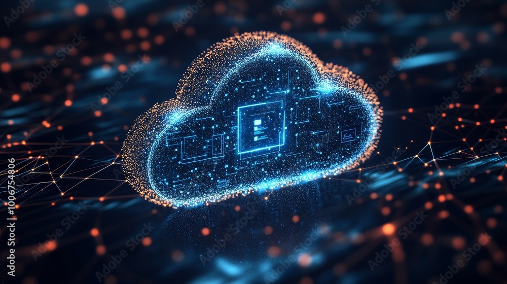 Poster a digitally rendered cloud with intricate circuits and nodes, symbolizing advanced technology and co