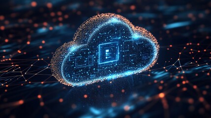 A digitally rendered cloud with intricate circuits and nodes, symbolizing advanced technology and connectivity.