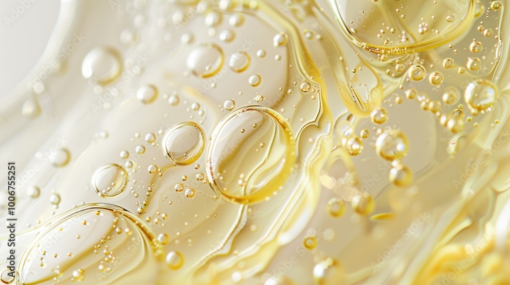 Poster close-up of golden liquid with bubbles showcasing texture and clarity, captured in a studio setting 