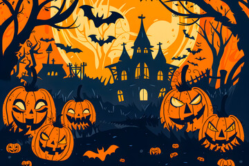 Illustration featuring Jack o' Lantern and castle silhouette at night, perfect for Halloween greetings or special Halloween sales promotions