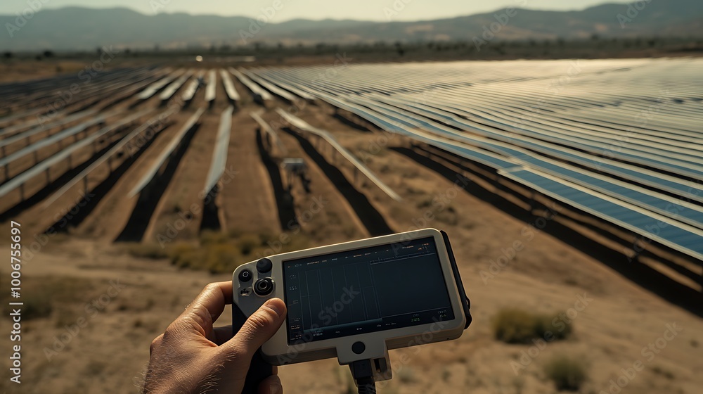 Poster engineer gripping drone controller during panel inspection