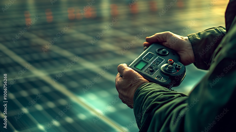 Poster engineer gripping drone controller during panel inspection