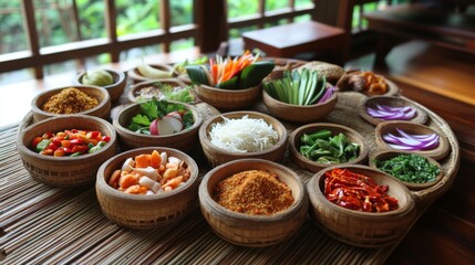 Fototapeta premium A traditional Thai dining setting featuring with various side dishes, including chili paste and fresh vegetables, all beautifully presented on a bamboo mat.