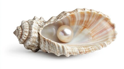 A delicately detailed shell with a shiny pearl nestled inside, placed on a white background.