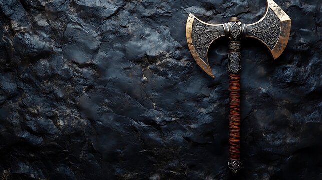 Heroic Fantasy Armament: Majestic Axe with Intricate Patterns on Mysterious Shadowy Backdrop
神秘的な影のある背景に配置された複雑なパターンの荘厳な斧：英雄的ファンタジーの武装。.Generative AI