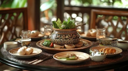 A traditional Thai table setting with as the centerpiece, accompanied by dipping sauces and fresh herbs, creating an inviting atmosphere for a meal