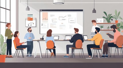 Management seminar in a modern office with a project lead engaging staff during training. Minimalist design emphasizing growth and teamwork.