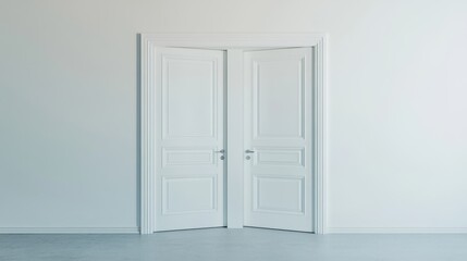 Open white double doors against a plain wall, soft natural light,   ideal for themes related to opportunities, transitions, and interior design.