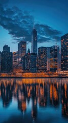 Obraz premium Stunning skyline at twilight, showcasing modern architecture and reflections in the calm water.