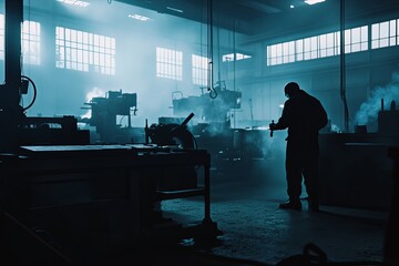 Fototapeta premium A worker in a silhouette stands in a factory with machines and smoke in the air, surrounded by large windows letting in bright light.