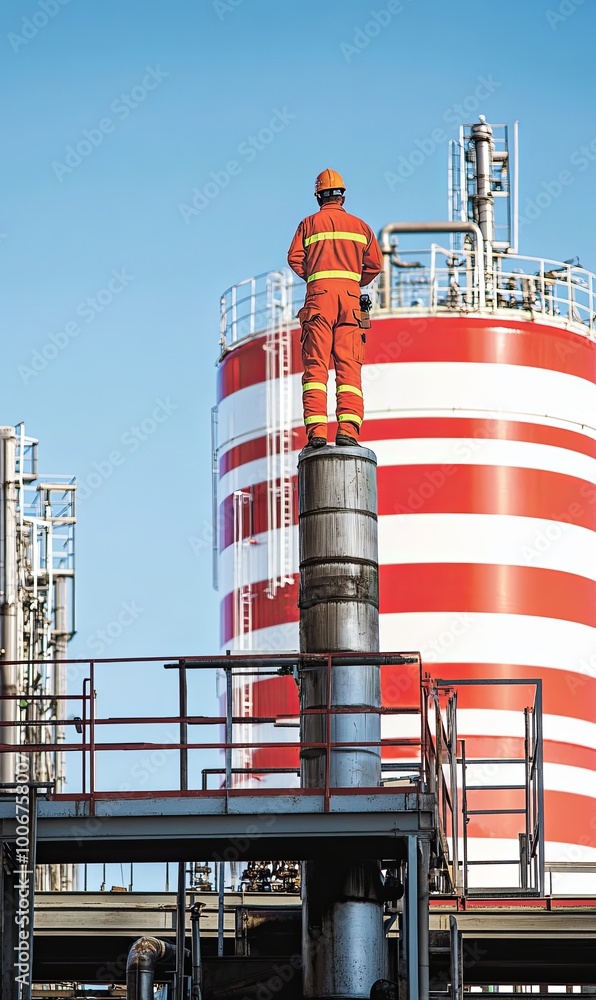 Poster a worker in red overalls and a hardhat stands on a platform in a factory. he looks out over a large 