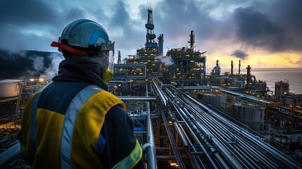 A worker in safety gear looks out at a large oil refinery at dusk.