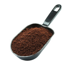 Close-up of a metal scoop filled with fresh ground coffee on a white background. Perfect for coffee-related content and culinary use.