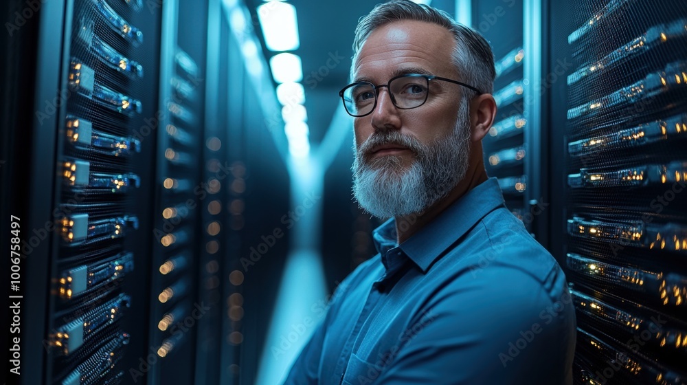 Aufkleber a professional man with a beard stands confidently in a data center, surrounded by rows of illuminat
