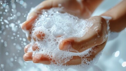  Close up of hands washing with soap over a white background, focusing on soapy hands and foam in the bathroom, depicting a skin care concept. 
