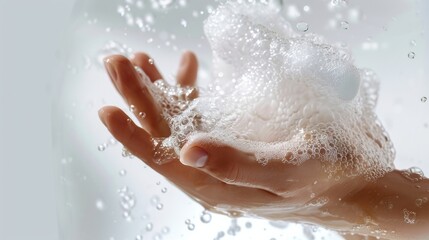 Fototapeta premium Close up of hands washing with soap over a white background, focusing on soapy hands and foam in the bathroom, depicting a skin care concept. 