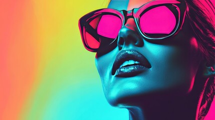 A retro-inspired image portrait features a woman in futuristic sunglasses against a rich, colorful gradient background.