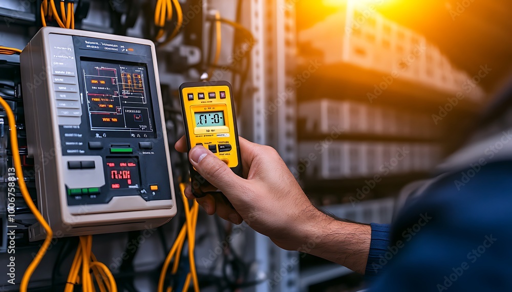 Aufkleber Engineer Checking Energy Flow of Storage Battery with Multimeter