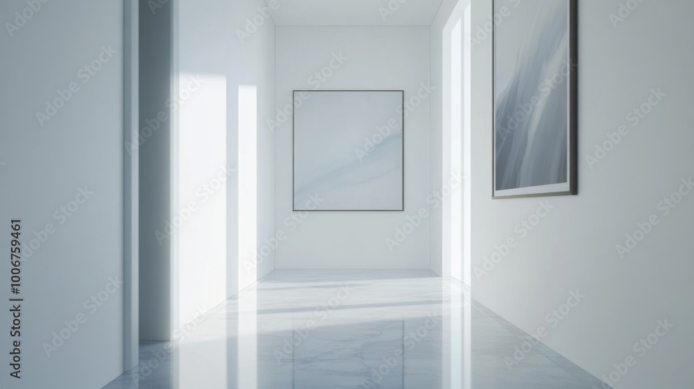 Poster a unique perspective of a hallway in a minimalist home, highlighting the simplicity of the design wi