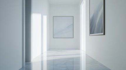 Fototapeta premium A unique perspective of a hallway in a minimalist home, highlighting the simplicity of the design with white walls, a polished floor, and minimal artwork for an elegant touch.