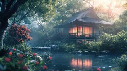 Fototapeta premium Tranquil Japanese Garden with a Misty Morning