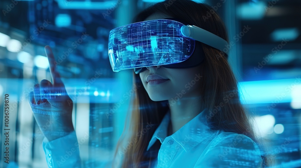 Poster woman student with vr headset using ai artificial intelligence technology machine learning.interacti