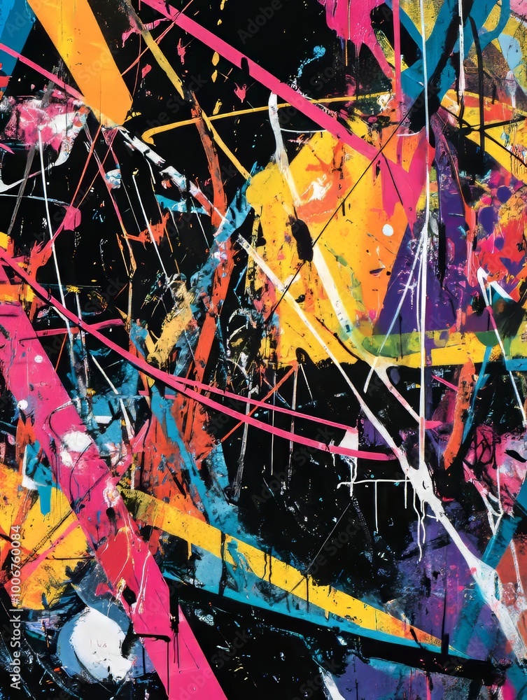 Poster this abstract image bursts with vivid colors and splashes, capturing a sense of energetic motion and