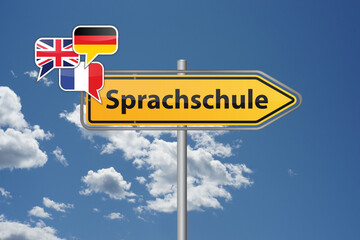 A Direction Sign for a Language School Featuring Various International Flags 