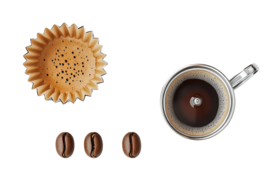 Coffee cup, beans, and paper filter. High-quality stock photo perfect for coffee shops, blogs, and marketing materials.