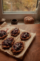 Home made seasonal plum pies or tarts with oatmeal crust aesthetic seasonal lifestyle autumn usg shot