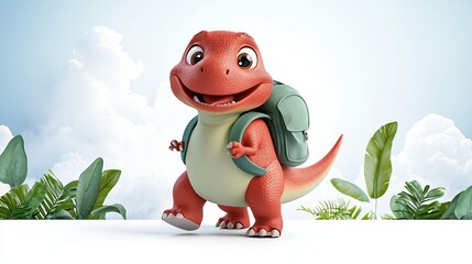 Adorable 3D Cartoon Dinosaur with Backpack Excited for First Day of School Adventure
