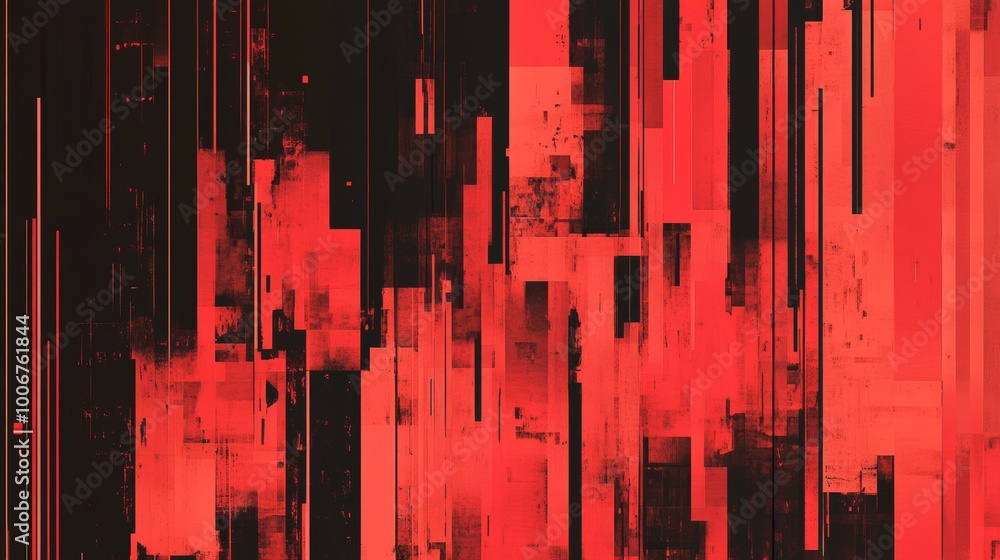 Poster a vibrant abstract glitch art piece in red and black, representing modernity and expression in a dyn