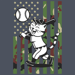 Camo American Flag Baseball Kitten USA Gift T-shirt