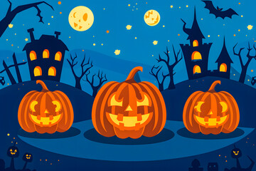 Fototapeta premium Illustration featuring Jack o' Lantern and castle silhouette at night, perfect for Halloween greetings or special Halloween sales promotions