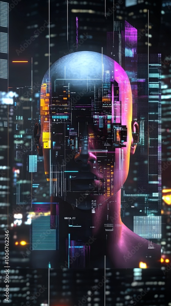 Poster an abstract portrait of a human head with a digital overlay, symbolizing the connection between tech